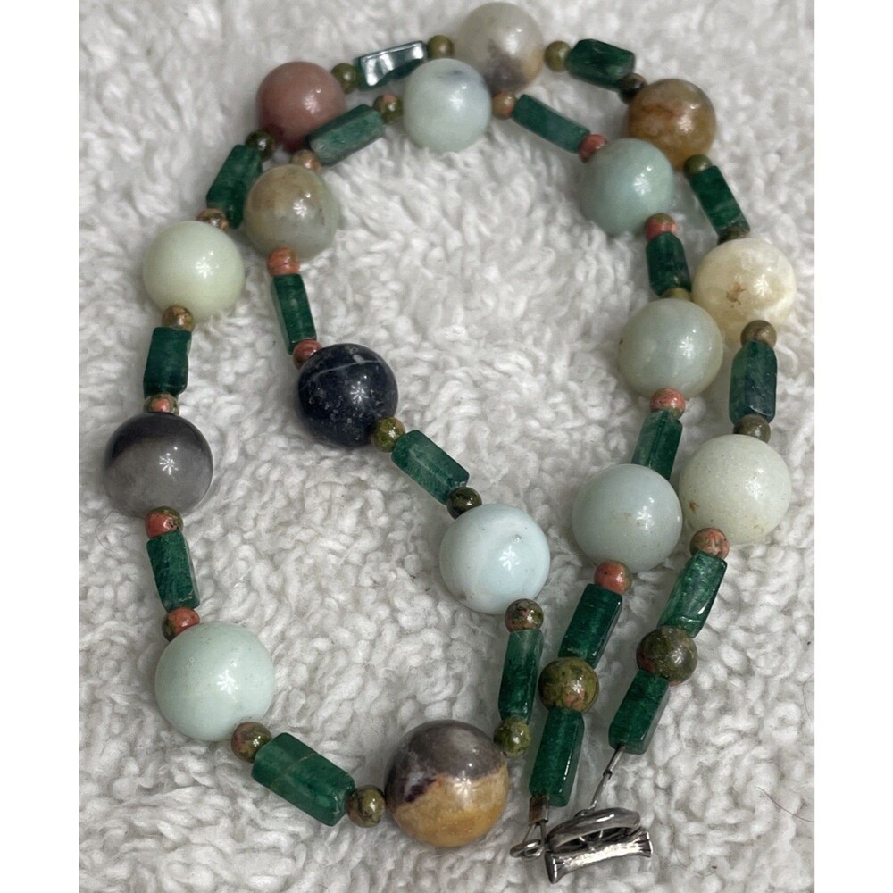 Vintage Sterling Jade Jadite Jasper Bead And More Necklace 20” Beggars Beads